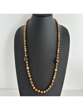 Picture Jasper Beaded Necklace Hand Painted Black Glass Focal Beads 32" Vintage